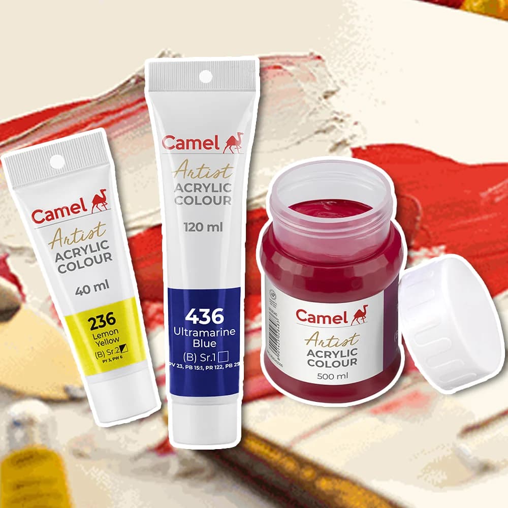 Camel artist acrylic colours in tubes and a jar